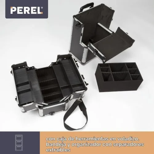 Perel ▫️ Mala de ferramentas com rodas em alumínio preto, trolley com pega telescópica, 3 compartimentos com organizador e tabuleiro interior, fechadura com 2 chaves, 370 x 225 x 670 mm, 66,9 l 7