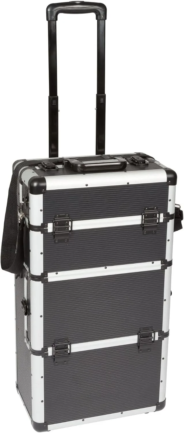 Perel ▫️ Mala de ferramentas com rodas em alumínio preto, trolley com pega telescópica, 3 compartimentos com organizador e tabuleiro interior, fechadura com 2 chaves, 370 x 225 x 670 mm, 66,9 l