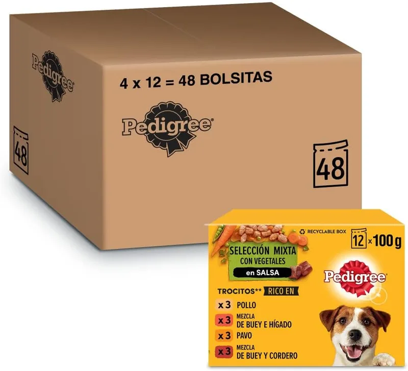 Pedigree ▫️ Comida húmida para cães, sabores variados em molho, embalagem múltipla (4 embalagens x 12 saquetas x 100 g)