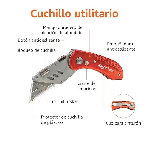 Amazon Basics ▫️ Faca dobrável e resistente para uso geral, com corpo em alumínio, cor vermelha 2