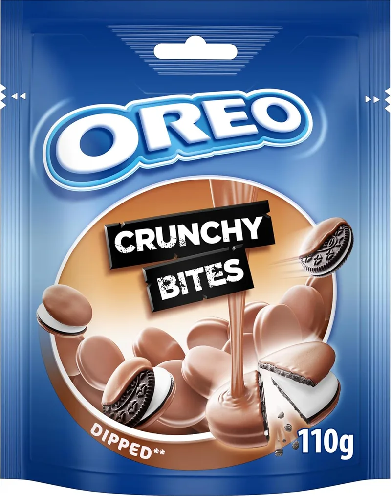 Oreo ▫️ Crunchy Bites Dipped, bolachas crocantes de chocolate com recheio de creme de baunilha e cobertura com sabor a chocolate de leite, pacote de 110 g
