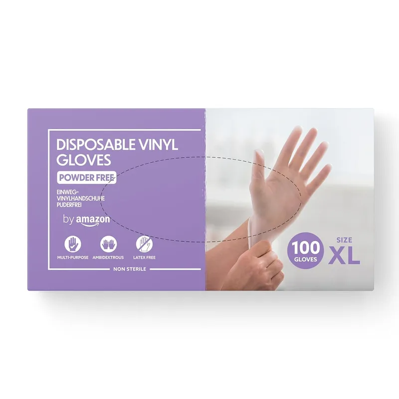 by Amazon ▫️ da Amazon: Luvas descartáveis de vinil, sem pó, sem látex, tamanho XL, embalagem de 100 unidades