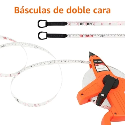 Amazon Basics ▫️ Fita métrica de fibra de vidro com carretel aberto, 30 m, escalas métricas e em polegadas, revestimento resistente a impactos, Laranja 3