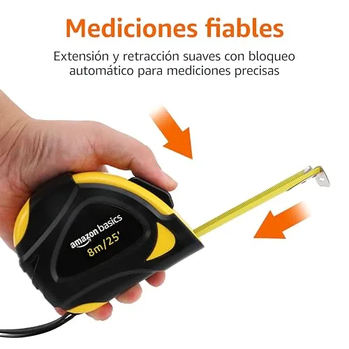 Amazon Basics ▫️ Fita métrica com fecho automático, escala métrica e em polegadas, precisão MID, 8 m (conjunto de 2), amarela 3