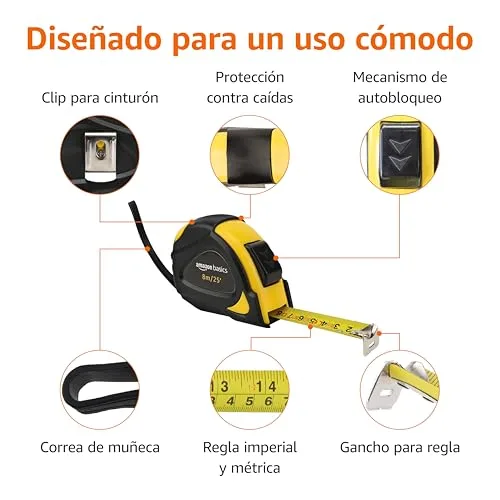 Amazon Basics ▫️ Fita métrica com fecho automático, escala métrica e em polegadas, precisão MID, 8 m (conjunto de 2), amarela 4
