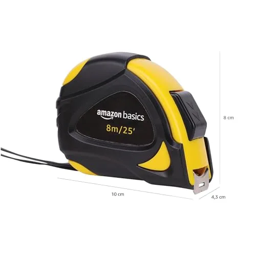 Amazon Basics ▫️ Fita métrica com fecho automático, escala métrica e em polegadas, precisão MID, 8 m (conjunto de 2), amarela 6