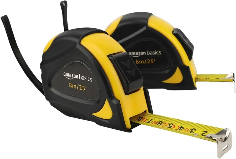 Amazon Basics ▫️ Fita métrica com fecho automático, escala métrica e em polegadas, precisão MID, 8 m (conjunto de 2), amarela