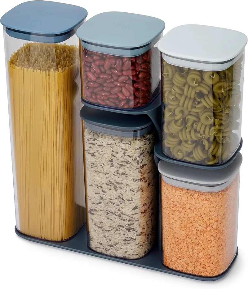 Joseph Joseph ▫️ Conjunto de 5 frascos herméticos para conservação de alimentos com suporte, azul