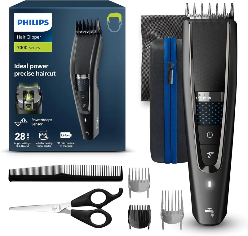 PHILIPS ▫️ Cortador de cabelo com lâminas de titânio, 3 pentes-guia, 28 ajustes de comprimento, 90 min de utilização sem fio, inclui estojo de viagem, cor preta