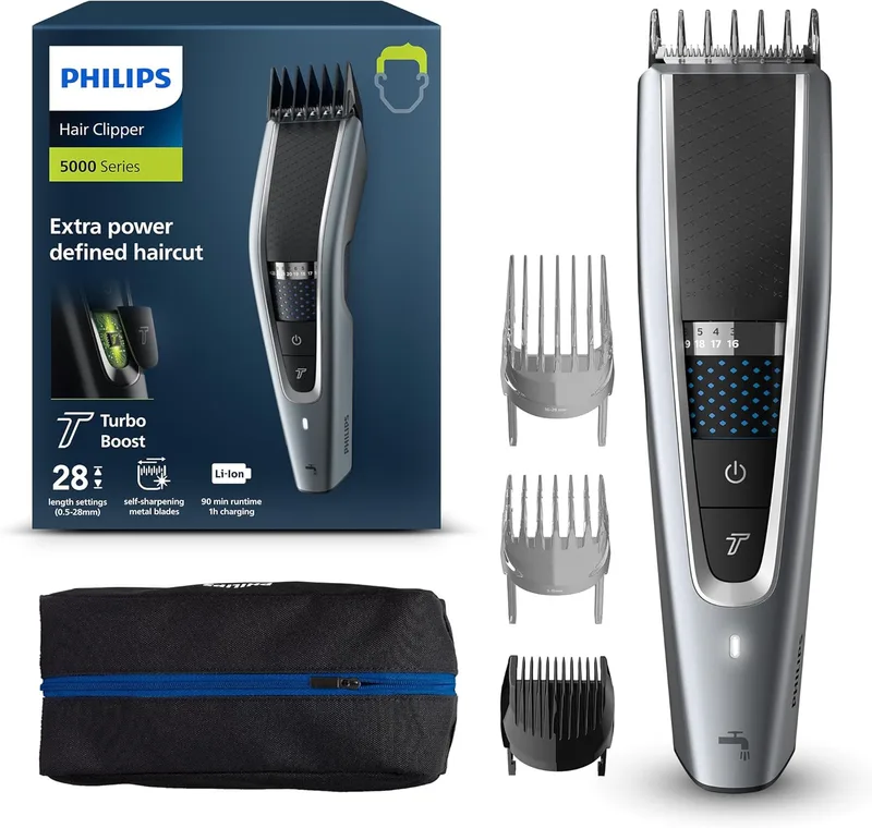 PHILIPS ▫️ Série 5000 Hc5630/15 - Cortador de cabelo, 28 configurações de comprimento para o estilo desejado, 90 minutos de utilização sem fio, inclui 3 pentes-guia e estojo