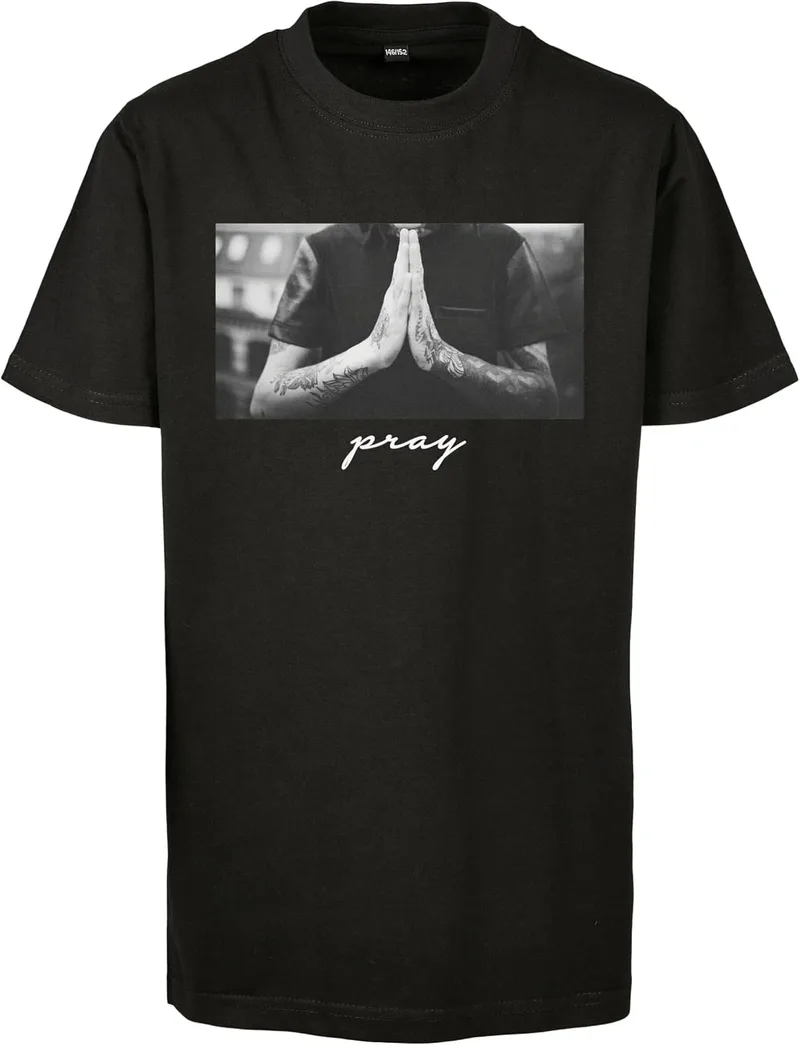 Mister Tee ▫️ Camisola «Pray» para Crianças, Camisola de mangas curtas em algodão com estampado na frente, moda urbana Callera, várias cores, tamanhos 110 - 164
