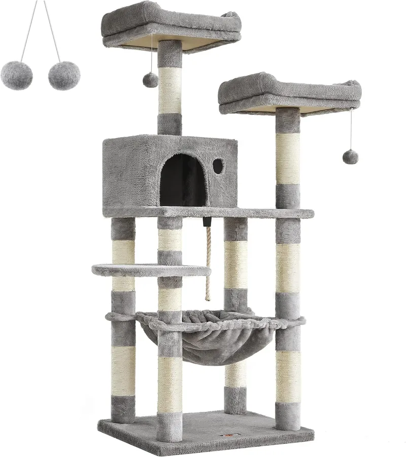 Feandrea ▫️ Árvore para gatos com 143 cm de altura, torre para gatos, com 11 postes para arranhar, 2 plataformas, 1 gruta, 1 rede, 2 pompons, velo, multinível, cinzento claro PCT15W