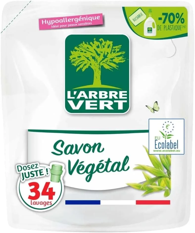 L'Arbre Vert ▫️ Recargas de detergente líquido com sabão vegetal - Hipoalergénico - Sem alergénios - 33 lavagens - 1,5 L - Certificado com o Selo Ecológico Europeu - Aprovado pelos médicos alergologistas da ARCAA