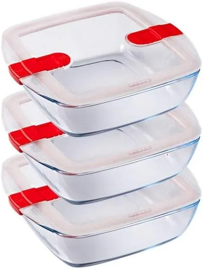 PYREX ▫️ Cook & Heat – Conjunto de 3 recipientes quadrados de vidro de 1 L com tampa hermética especial para micro-ondas – Caixas de conservação