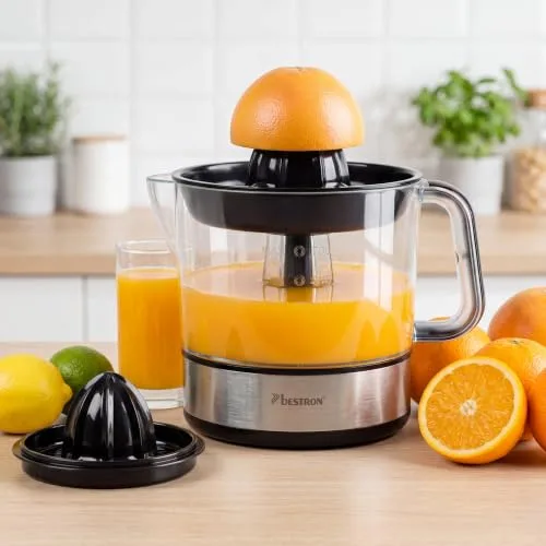 Bestron ▫️ Espremedor elétrico de citrinos e laranjas, inclui 2 cones de espremedura e tampa aromática, motor com dois sentidos de rotação (esquerda/direita), capacidade: 0,7 litros, 40 watts, cor: prateado 5