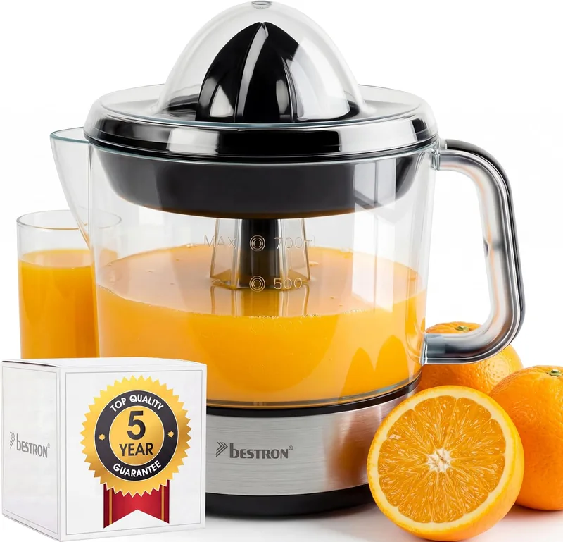 Bestron ▫️ Espremedor elétrico de citrinos e laranjas, inclui 2 cones de espremedura e tampa aromática, motor com dois sentidos de rotação (esquerda/direita), capacidade: 0,7 litros, 40 watts, cor: prateado