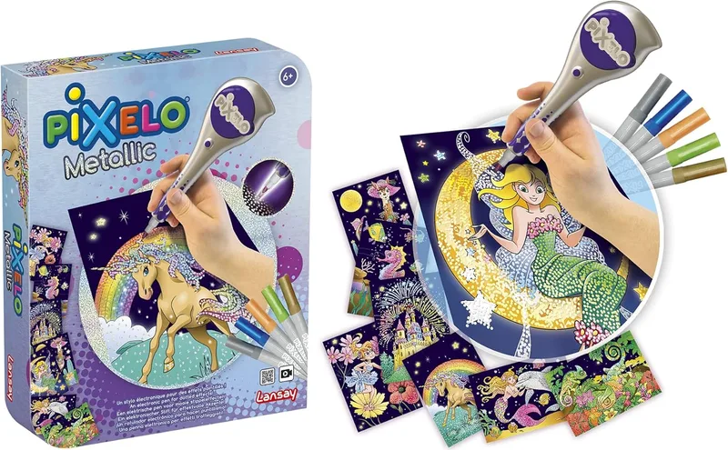 Lansay ▫️ PIXELO - Conjunto metálico - Kit de desenho com efeitos pontilhados e cores metálicas - Colorir com pontos utilizando uma caneta eletrónica para crianças a partir dos 6 anos - 8 desenhos - Pilha não incluída