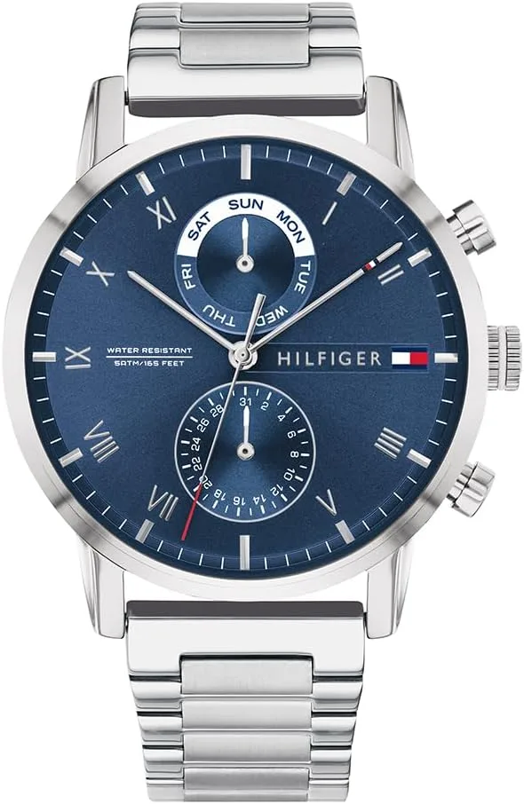 Tommy Hilfiger ▫️ Relógio analógico multifunções de quartzo para homem, com bracelete em aço inoxidável prateado - 1710401