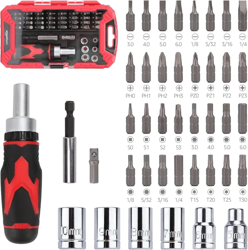Amazon Basics ▫️ Conjunto de chaves de fendas magnéticas com catraca 41 peças, Preto/Vermelho