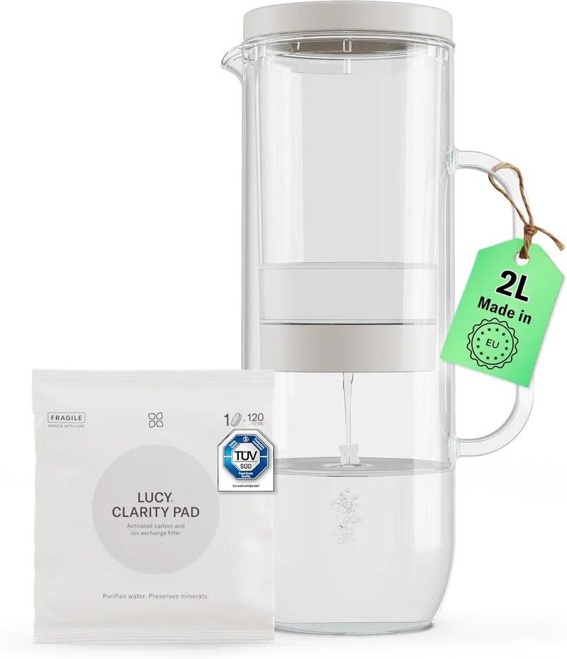 LUCY ▫️ Jarro com filtro de água ®, inclui filtros purificadores CLARITY PAD, reduz o calcário, o cloro, os metais pesados e os microplásticos, jarro de água de vidro com filtro (2L), fluxo rápido, seguro para frigorífico