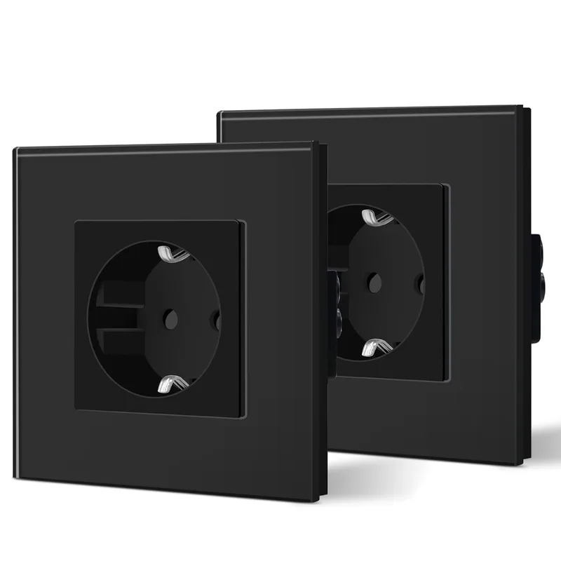 BSEED ▫️ Tomada de parede com vidro,Tomadas de encastrar standard,Tomadas eléctricas,Segurança para crianças,Fácil de instalar,Série M,1 Tomada - 2 Embalagens,86mm Preto