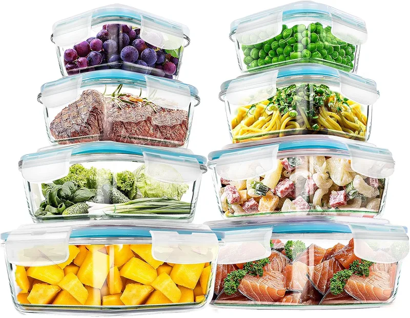 KICHLY ▫️ Recipientes de vidro para armazenamento de alimentos - Pacote de 8 recipientes herméticos para armazenamento de alimentos com tampas transparentes - lavável na máquina de lavar louça e no micro-ondas, sem BPA