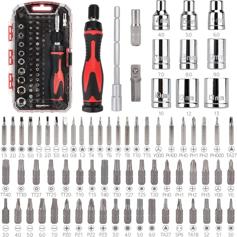Amazon Basics ▫️ Conjunto de 73 peças de chaves de fendas magnéticas de precisão eletrónicas e chave de catraca, magnéticas, Preto, Vermelho, Prateado