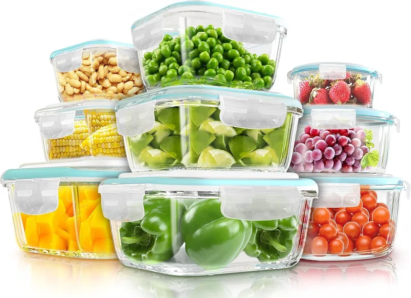 KICHLY ▫️ Recipientes de vidro para armazenamento de alimentos - Pacote de 9 recipientes herméticos para armazenamento de alimentos com tampas transparentes - lavável na máquina de lavar louça e no micro-ondas, sem BPA