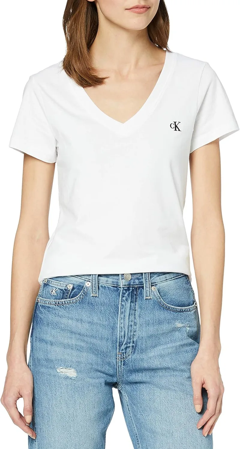 Calvin Klein ▫️ T-shirt de manga curta com decote em V CK Embroidery para mulher