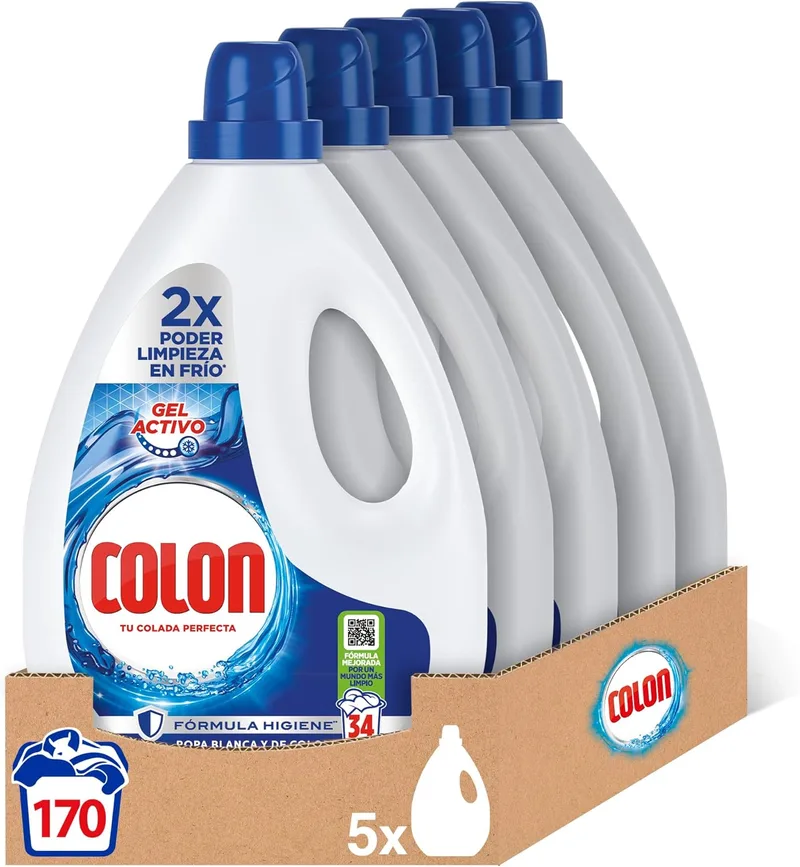 Colon ▫️ Active Gel - Detergente líquido para a roupa, fórmula higiénica, adequado para roupa branca e de cor, formato gel - embalagem de 5, até 170 doses