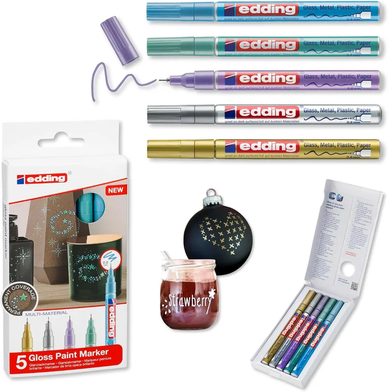 Edding ▫️ 780 marcador de tinta brilhante opaca - dourado, prateado, azul, verde, violeta (metálico) - 5 marcadores - ponta extrafina 0,8 mm - para vidro, pedras, madeira, plástico, papel - cor permanente
