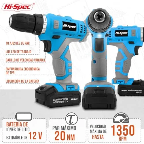 Hi-Spec ▫️ Berbequim-aparafusador sem fios de 12 V e 20 Nm para uso doméstico e em oficina, azul 3