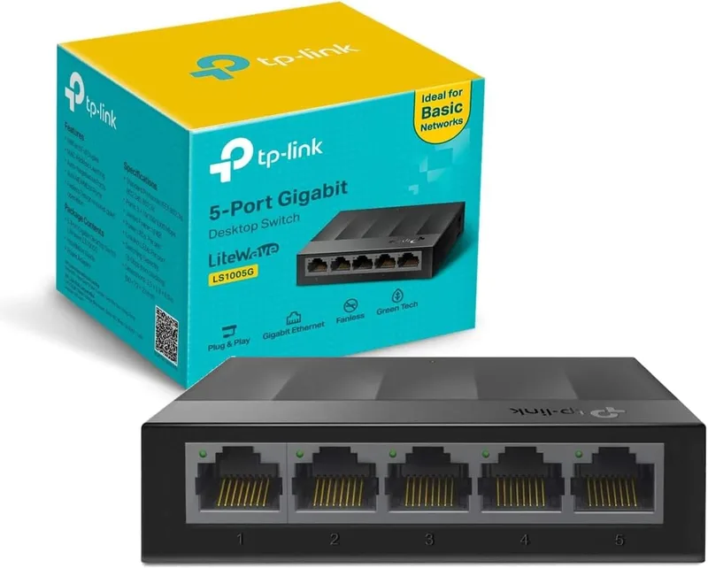 TP-Link ▫️ LS1005G - Switch Gigabit de 5 portas, Plug & Play, caixa em plástico