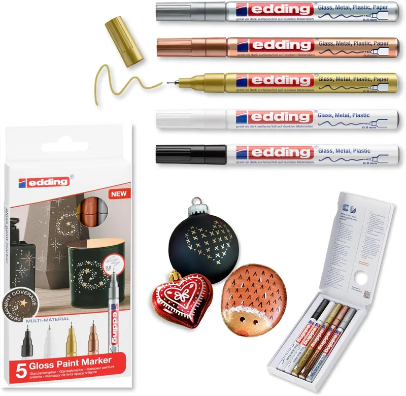 Edding ▫️ 780-5 Marcadores de tinta opaca brilhante - Preto, Branco, Dourado, Prateado, Cobre (Metálico) - Ponta fina de 0,8 mm