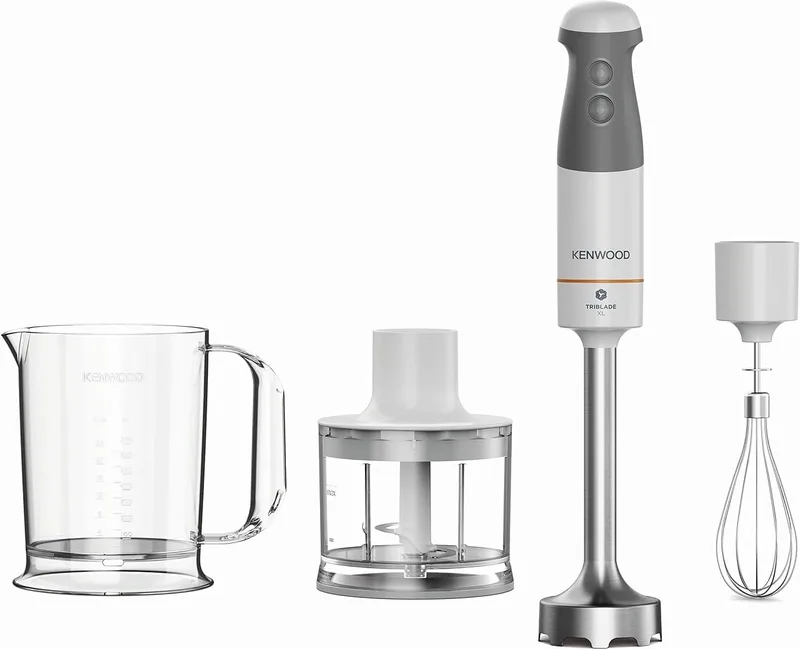 Kenwood Triblade XL HBM40.302WH, Mini-batedeira com sistema Triblade com 3 lâminas, 1 velocidade+Turbo, pé de mistura com 20 cm de comprimento, incluindo lâminas de metal, copo de medição, picador 500 ml, 850 W, branco