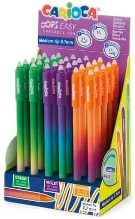 CARIOCA ▫️ 30 Canetas Oops Apagáveis em Cores Variadas | Expositor Escolar com 30 Canetas Apagáveis de Tinta Térmica, Apagáveis por Fricção sem Danificar o Papel
