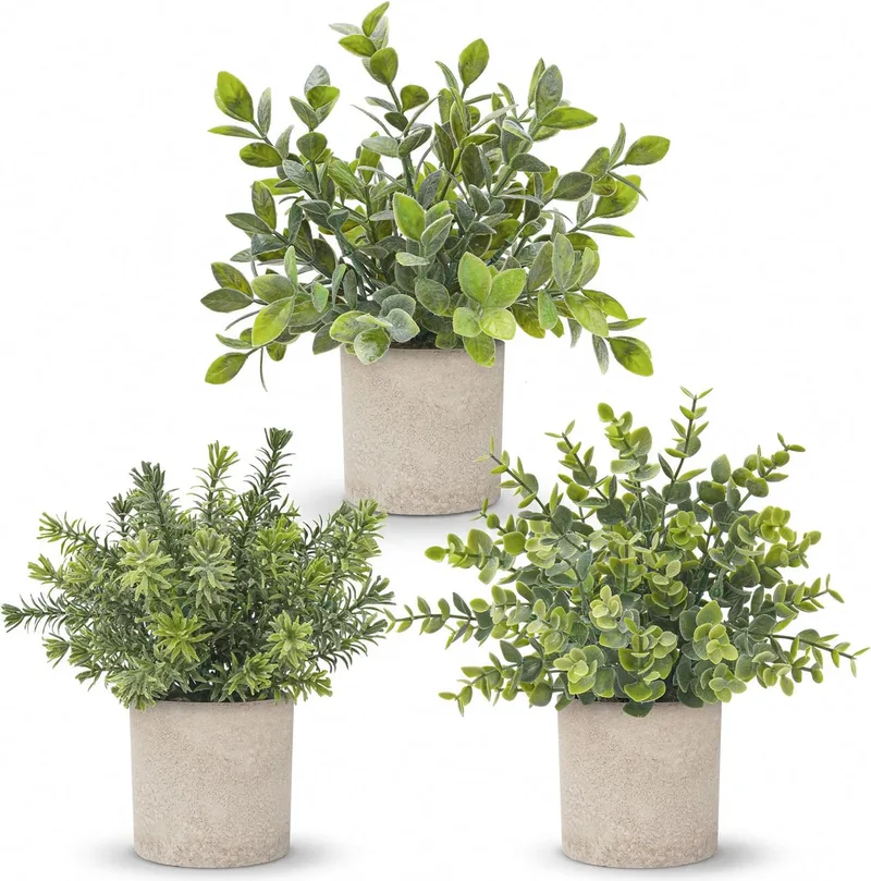 Der Rose ▫️ Conjunto de 3 mini-plantas artificiais de eucalipto em plástico para decoração da casa, do escritório, da secretária ou do quarto