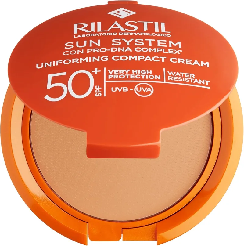 Rilastil ▫️ Sun System Base Compacta FPS 50+, Maquilhagem fotoprotetora com filtros físicos, corrige imperfeições e uniformiza o tom de pele, tom dourado - 10 g