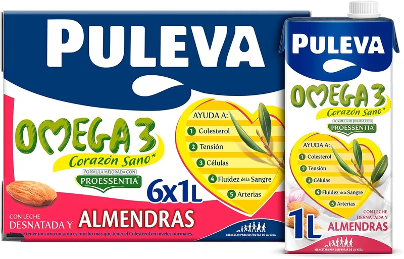 Puleva ▫️ Omega 3 Amêndoa, EPA e DHA, Coração Saudável, Embalagem de 6x1L | Leite com Omega 3 com sabor a amêndoa, contribui para o funcionamento normal do coração. Enriquecido com vitaminas A, D e E. Embalagem de 6x1L.