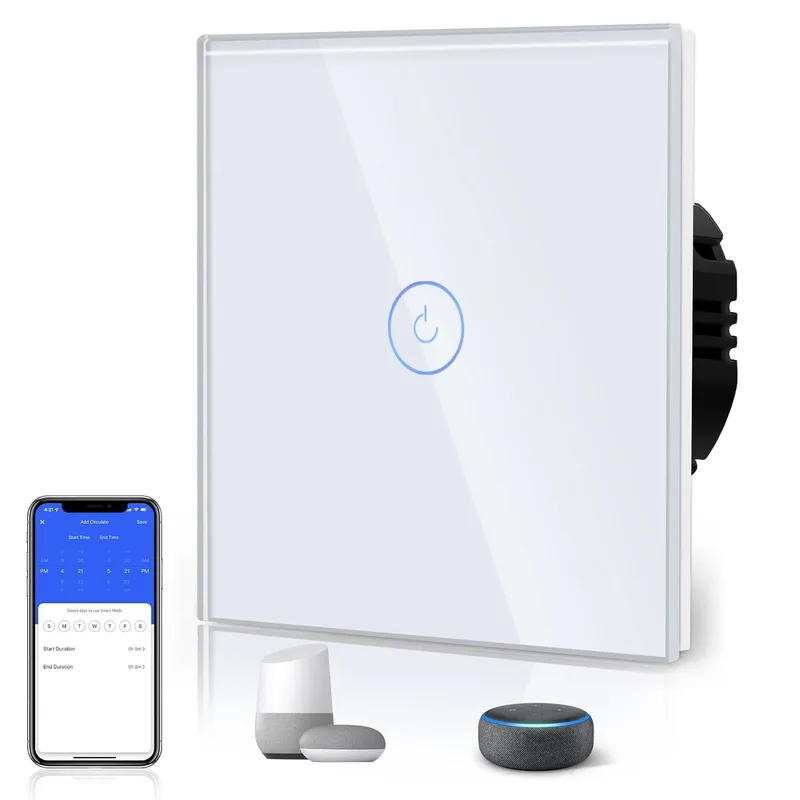 BSEED ▫️ Interruptor Inteligente WIFI, Interruptor Inteligente WIFI, Interruptores Tácteis com Vidro, Compatível com Alexa, Tuya e Smart Life, Requer Cabo Neutro, 1 Gang 1 Way, 86mm Branco