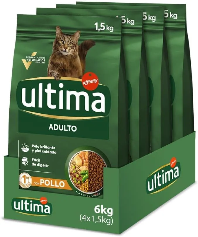 ultima ▫️ Adult Chicken, Alimento seco para gatos, 4 x 1,5kg, Embalagem de 4 x 1,5kg, Total 6kg