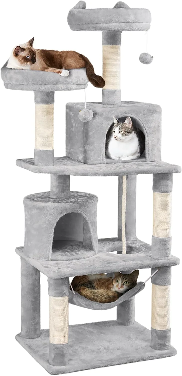 Yaheetech ▫️ Arranhador para Gatos de 158 cm Torre para Gatos Grandes Cinza Claro | Rede, Cinta antitombamento, postes com corda de sisal, bola suspensa substituível, plataforma larga, fácil de montar, estável aos saltos