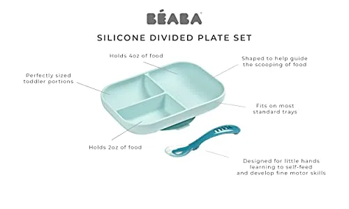 Béaba ▫️ Conjunto de refeição prato de silicone com compartimentos e ventosa + colher de silicone, fixa-se à mesa/tabuleiro da cadeira de alimentação, adequado para o micro-ondas, azul 3