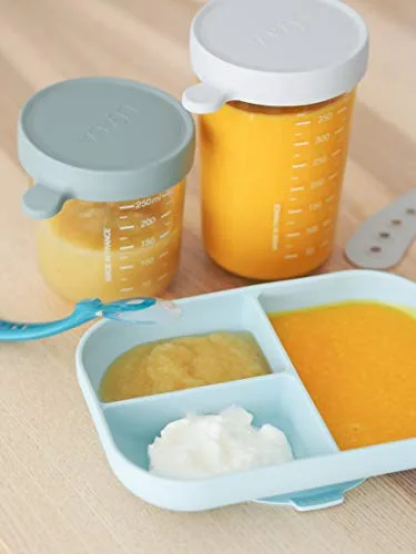 Béaba ▫️ Conjunto de refeição prato de silicone com compartimentos e ventosa + colher de silicone, fixa-se à mesa/tabuleiro da cadeira de alimentação, adequado para o micro-ondas, azul 6