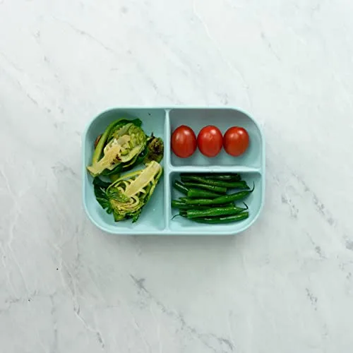 Béaba ▫️ Conjunto de refeição prato de silicone com compartimentos e ventosa + colher de silicone, fixa-se à mesa/tabuleiro da cadeira de alimentação, adequado para o micro-ondas, azul 7