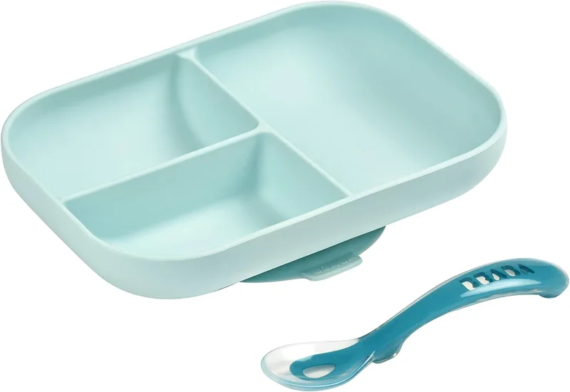 Béaba ▫️ Conjunto de refeição prato de silicone com compartimentos e ventosa + colher de silicone, fixa-se à mesa/tabuleiro da cadeira de alimentação, adequado para o micro-ondas, azul