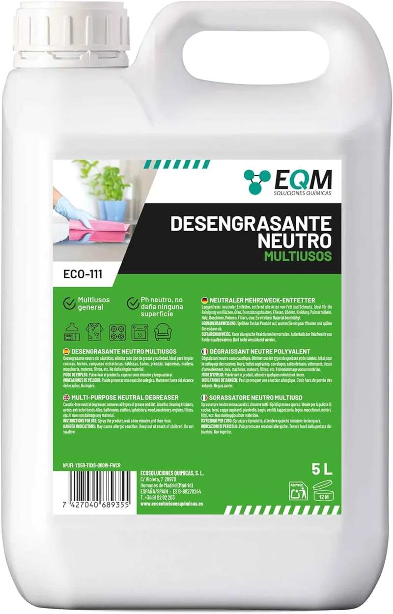 EQM SOLUCIONES QUIMICAS ▫️ EQM - ECO-111 - Desengordurante neutro tudo-em-um - 5L - Potente, seguro e suave em todas as superfícies - domésticas, industriais, veículos, barcos, hotéis, etc.