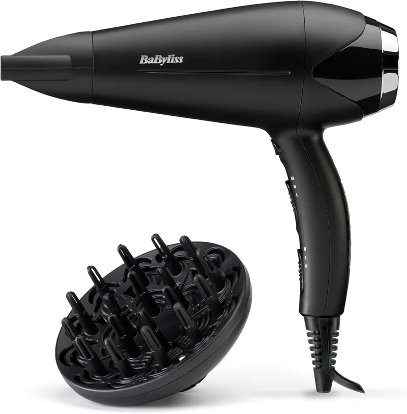 BaByliss ▫️ Secador de cabelo Turbo Smooth - Secador potente de 2200 W, difusor grande, tecnologia iônica anti-frizz, 3 níveis de temperatura e 2 velocidades, preto, D572DE