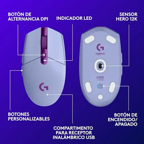 Logitech G ▫️ Rato de jogos sem fios G305 Lightspeed, Hero 12K, Lilás 6