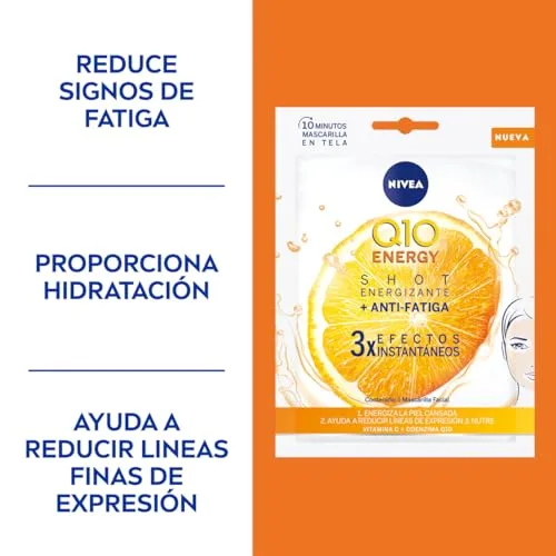 NIVEA ▫️ Q10 Energy Máscara de Tecido com Vitamina C (1 unidade) - Máscara Antirrugas, 3 Efeitos Instantâneos, Coenzima Q10, Vitaminas - Pele Seca, Mista, Normal - 1 Unidade 3